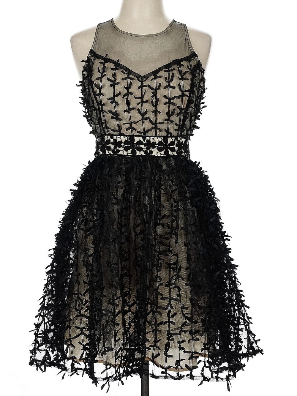 Ryu Anthropologie Dress Black Mesh A-Line Cocktail 3D bows tulle over nude
